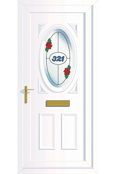 4 White Composite Door With the number 321 and red rose stained glass window