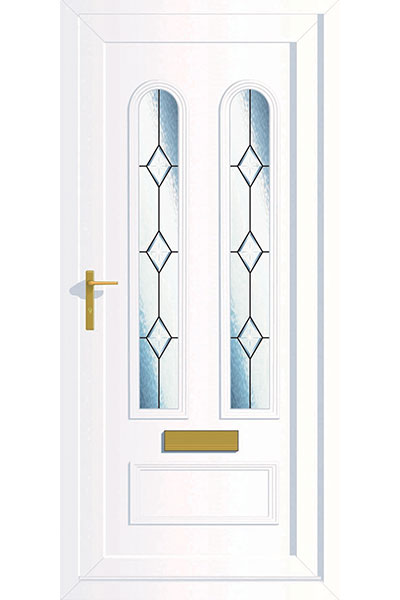 8 uPVC Door in White with leaded patterns supplied by Paradise Windows