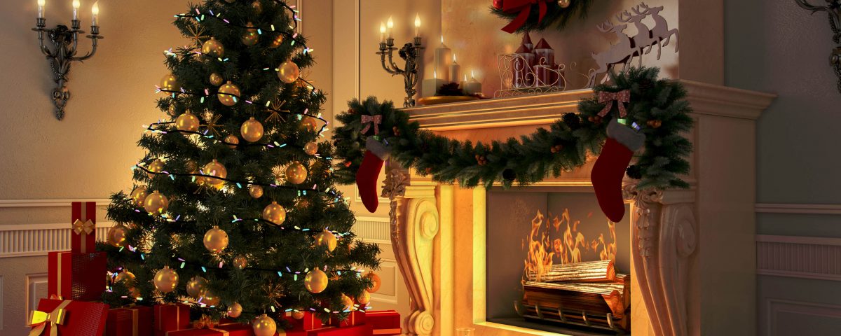 Living room at Christmas with Tree and Fireplace