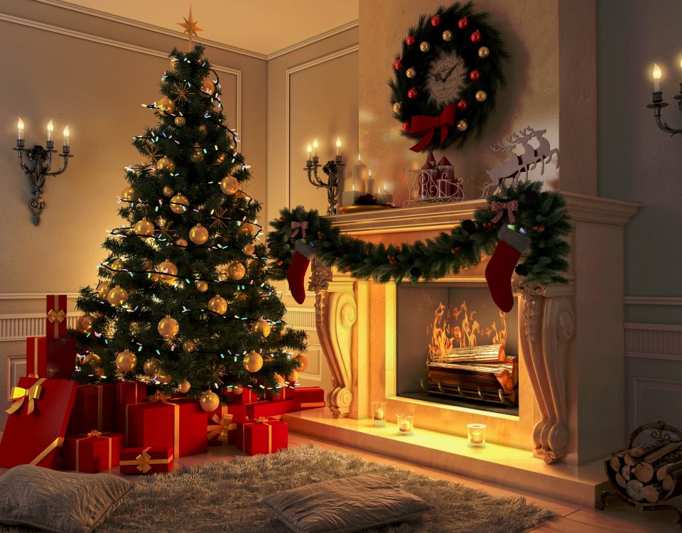 Living room at Christmas with Tree and Fireplace